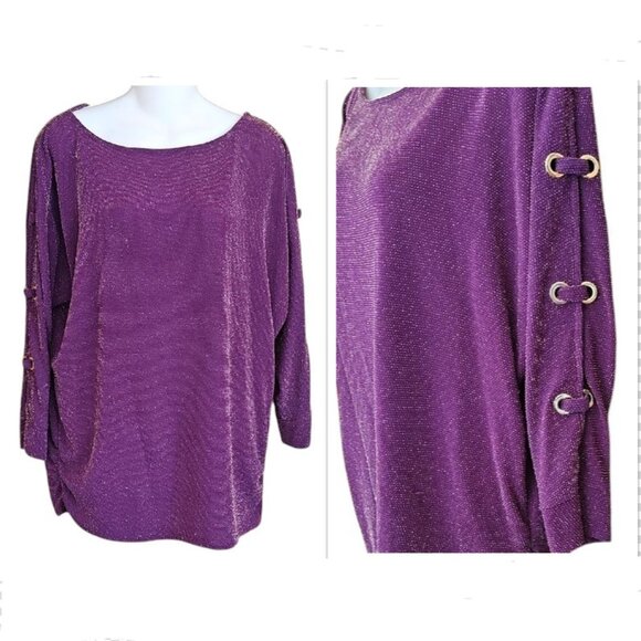 JM Collection Purple 3/4 Sleeve Relaxed top purple with golden speckles stretch - Picture 1 of 12